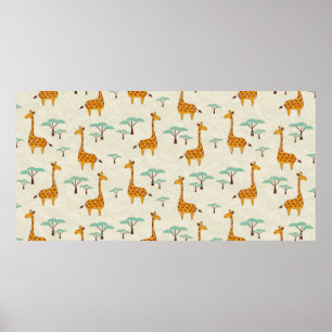 Seamless pattern with cute giraffes and trees, Vin Poster