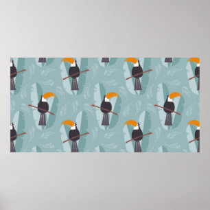 Seamless pattern with cute jungle parrot toucan on poster