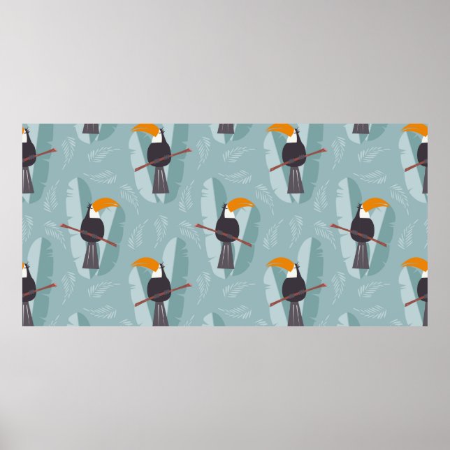Seamless pattern with cute jungle parrot toucan on poster (Front)