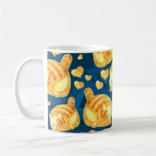 Seamless pattern with cute polygonal cartoon cats, coffee mug