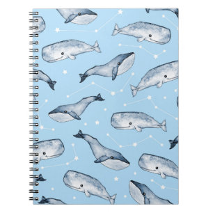 Seamless pattern with cute whales and stars. Water Notebook