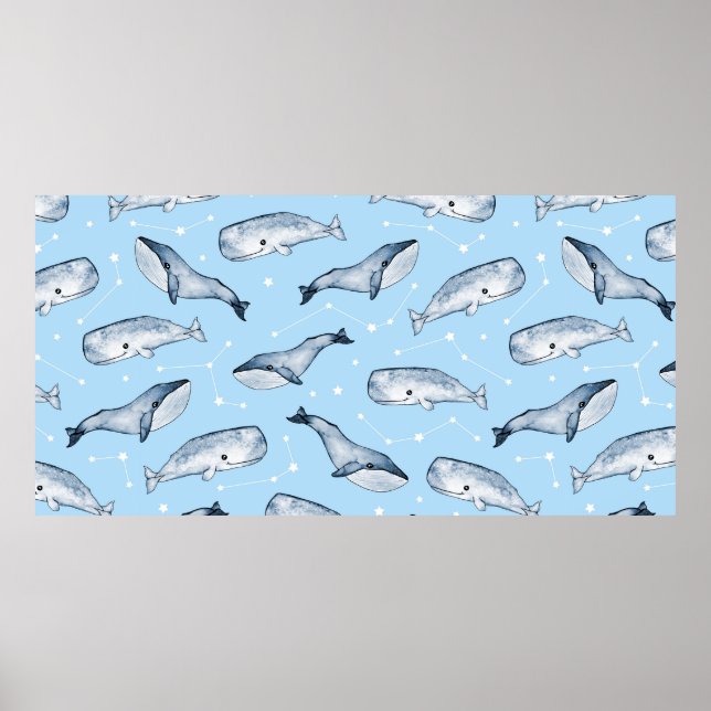 Seamless pattern with cute whales and stars. Water Poster (Front)