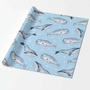 Seamless pattern with cute whales and stars. Water Wrapping Paper