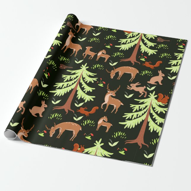 Seamless pattern with deers in the forest. wrapping paper (Unrolled)