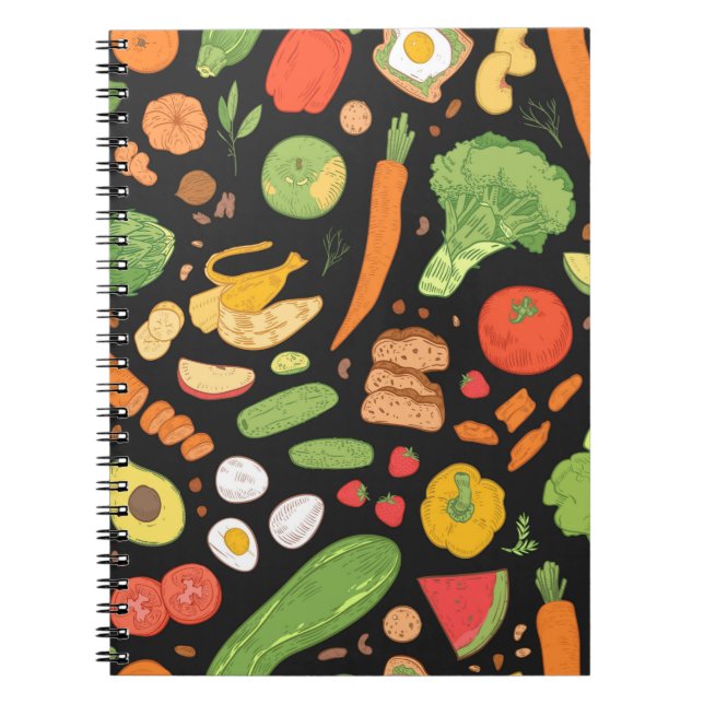 Seamless pattern with dietary food, wholesome groc notebook (Front)