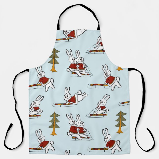 Seamless pattern with different rabbits on sleds i apron (Front)