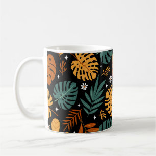 Seamless pattern with different tropical leaves an coffee mug