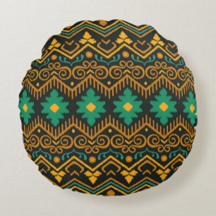 Seamless pattern with embroidery. Ikat Fabric. Eth Round Cushion