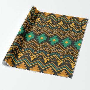 Seamless pattern with embroidery. Ikat Fabric. Eth Wrapping Paper