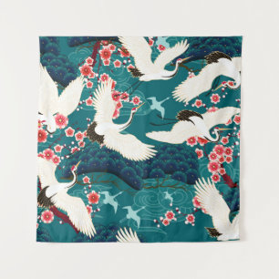 Seamless pattern with floral motives and cranescra tapestry