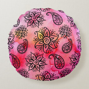 Seamless pattern with floral ornamental ethnic dec round cushion