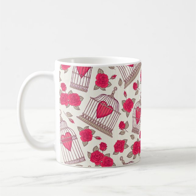 Seamless pattern with flowers and bird cages. Rose Coffee Mug (Left)
