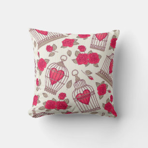 Seamless pattern with flowers and bird cages. Rose Cushion