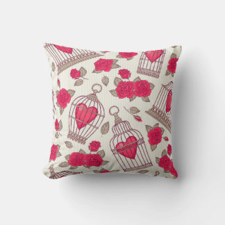 Seamless pattern with flowers and bird cages. Rose Cushion