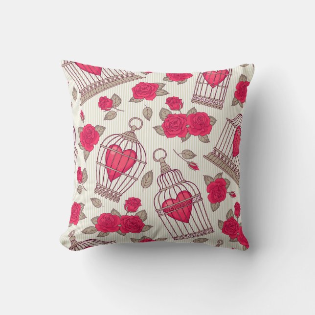 Seamless pattern with flowers and bird cages. Rose Cushion (Front)