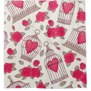 Seamless pattern with flowers and bird cages. Rose Shower Curtain