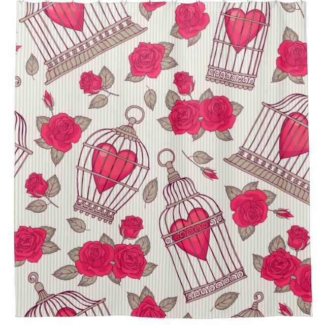 Seamless pattern with flowers and bird cages. Rose Shower Curtain (Front)