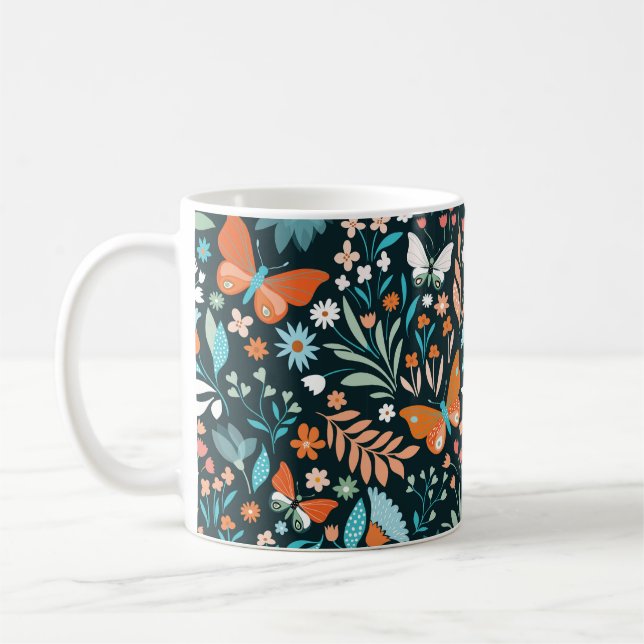 Seamless pattern with flowers and butterflies coffee mug (Left)