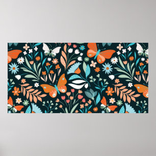 Seamless pattern with flowers and butterflies poster