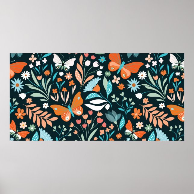 Seamless pattern with flowers and butterflies poster (Front)