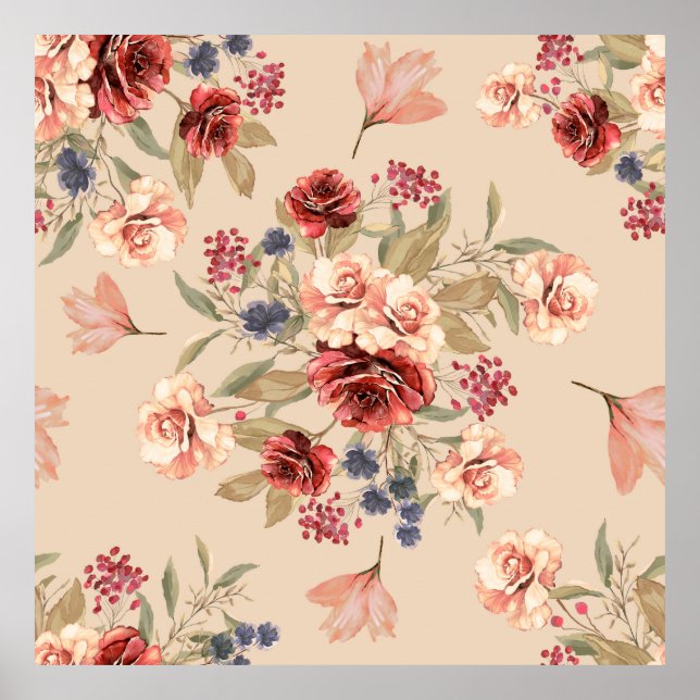 Seamless pattern with flowers and leaves. Floral p Poster (Front)