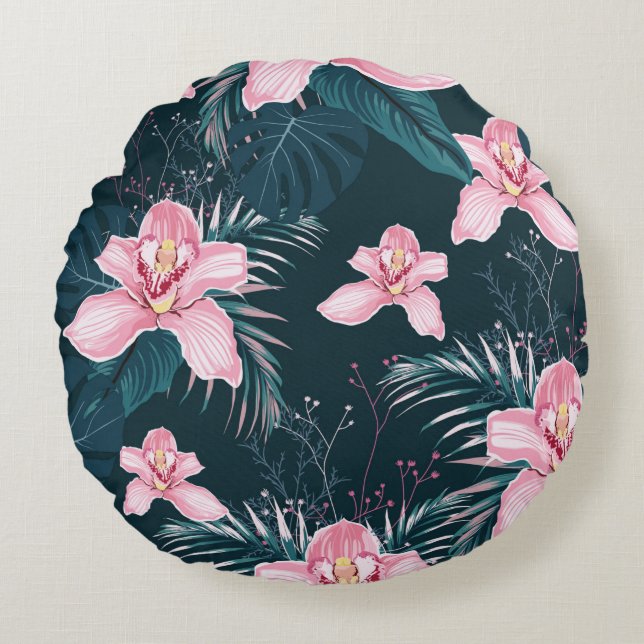 Seamless pattern with flowers Orchid, colourful tr Round Cushion (Front)