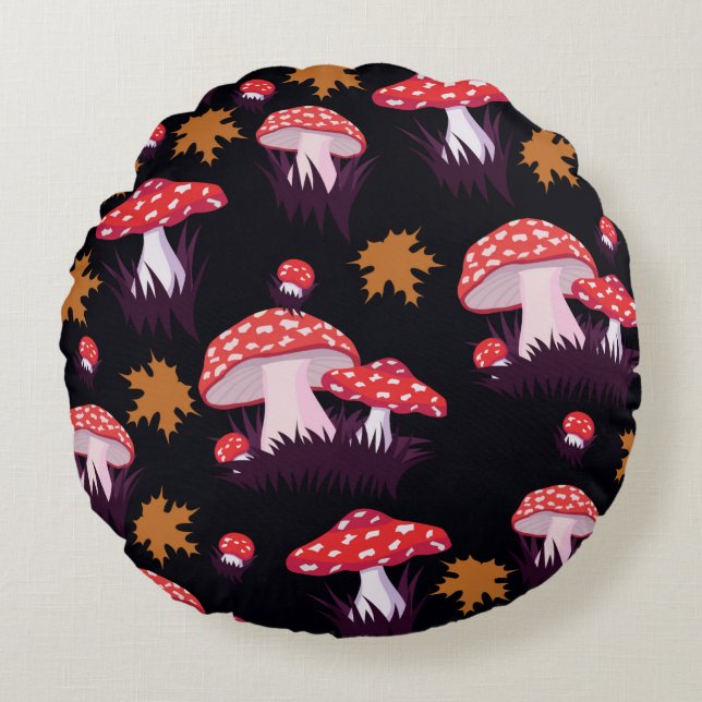 Seamless pattern with fly agaric and maple leaves. round cushion (Front)