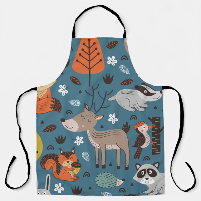 Seamless pattern with forest animals on blue backg apron (Front)
