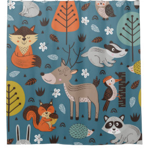 Seamless pattern with forest animals on blue backg shower curtain