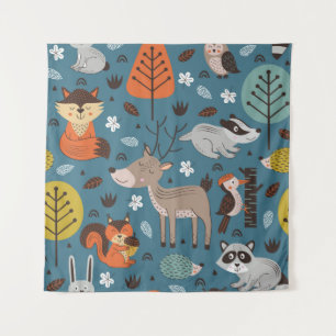 Seamless pattern with forest animals on blue backg tapestry