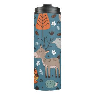 Seamless pattern with forest animals on blue backg thermal tumbler