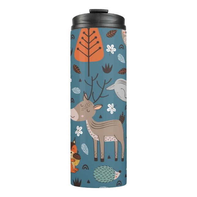 Seamless pattern with forest animals on blue backg thermal tumbler (Front)