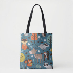 Seamless pattern with forest animals on blue backg tote bag