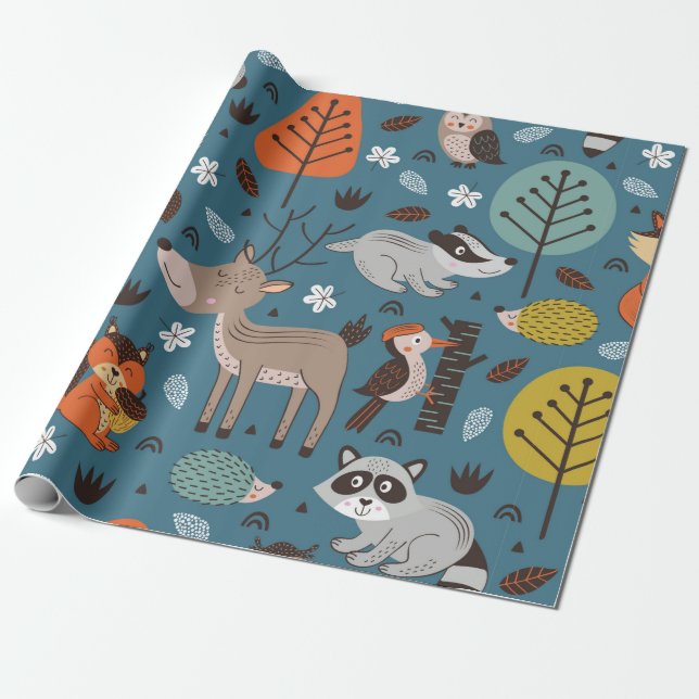 Seamless pattern with forest animals on blue backg wrapping paper (Unrolled)