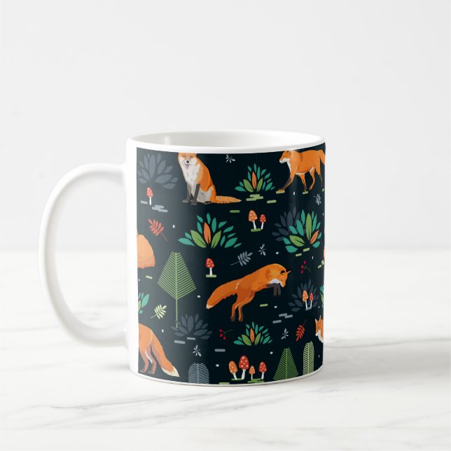 Seamless pattern with Foxes, trees, leaves, mushro Coffee Mug (Left)