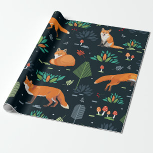 Seamless pattern with Foxes, trees, leaves, mushro Wrapping Paper