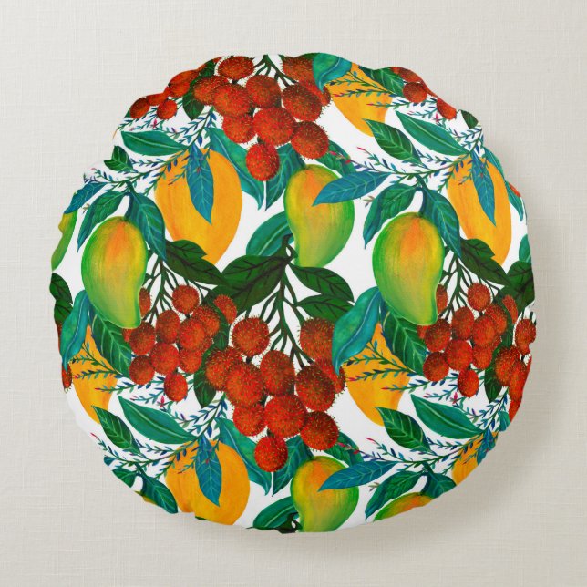Seamless pattern with fresh bright exotic mango ra round cushion (Front)