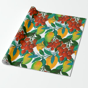 Seamless pattern with fresh bright exotic mango ra wrapping paper