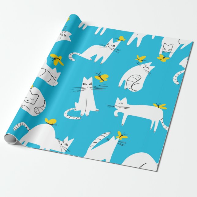 Seamless pattern with funny cats playing with butt wrapping paper (Unrolled)