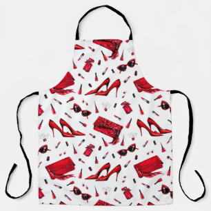 Seamless pattern with girl things in red colour apron