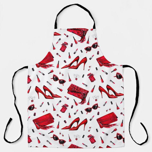 Seamless pattern with girl things in red colour apron (Front)