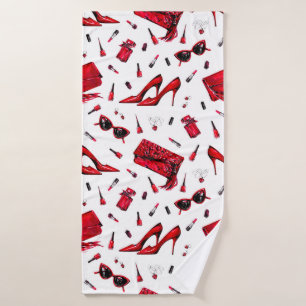Seamless pattern with girl things in red colour bath towel
