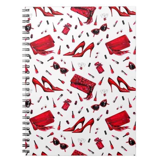 Seamless pattern with girl things in red colour notebook (Front)