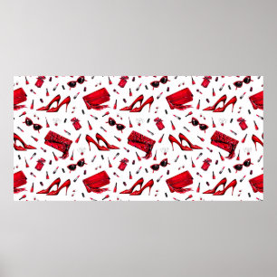 Seamless pattern with girl things in red colour poster