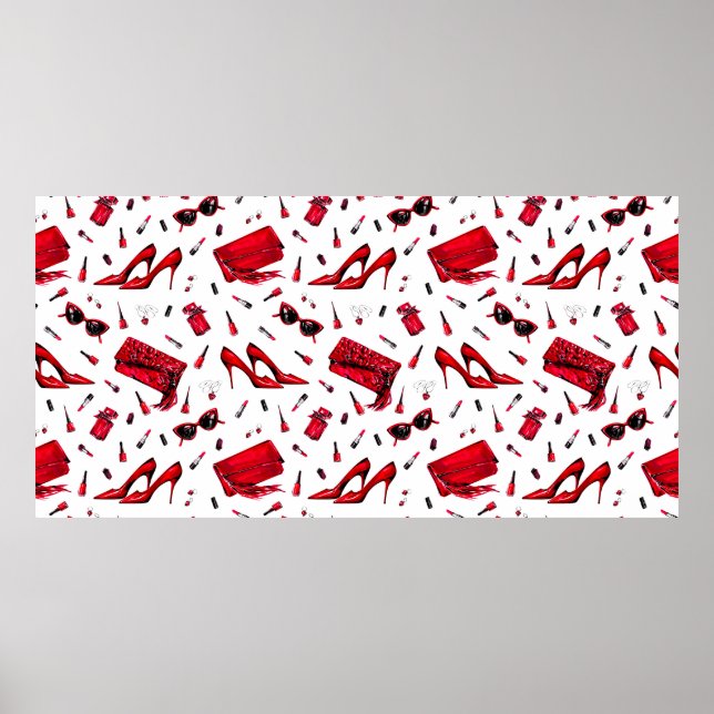 Seamless pattern with girl things in red colour poster (Front)