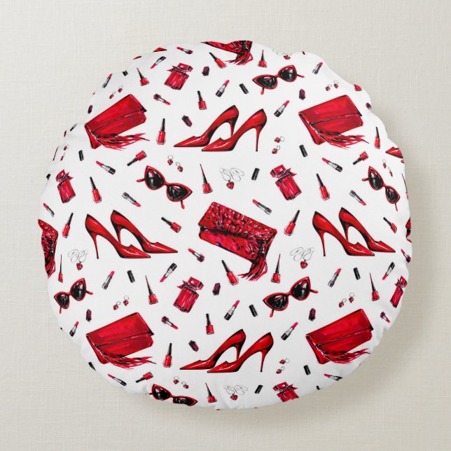 Seamless pattern with girl things in red colour round cushion (Front)