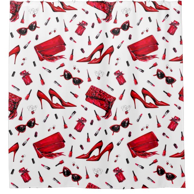 Seamless pattern with girl things in red colour shower curtain (Front)