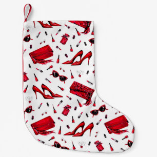 Seamless pattern with girl things in red colour small christmas stocking