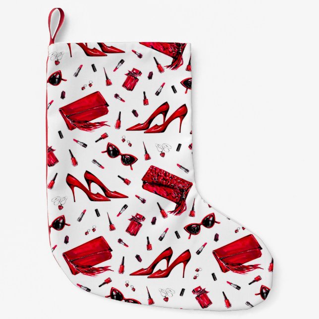 Seamless pattern with girl things in red colour small christmas stocking (Front)