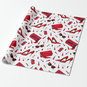Seamless pattern with girl things in red colour wrapping paper